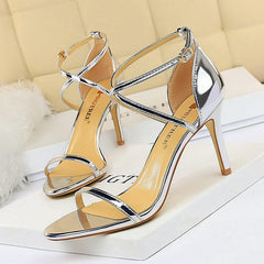 Faux Leather Ankle Strap Pointy Stiletto Heels 571572295848 - COCOMELODY
