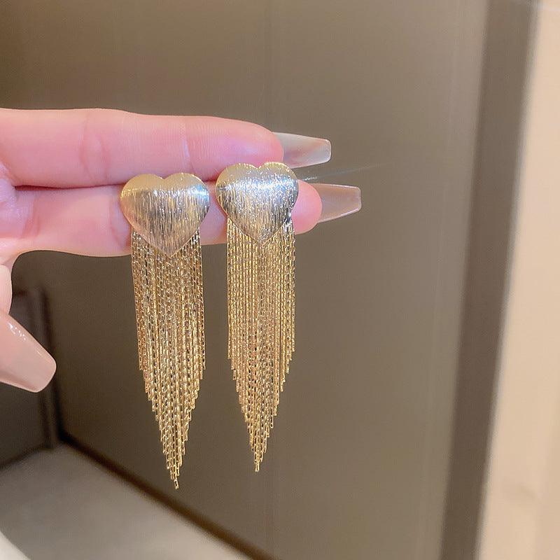 Silver needle heart square metal tassel earrings 687956869389 - COCOMELODY