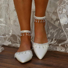 White Crystal Ankle Strap Pointy Flat Shoes 708270132734 - COCOMELODY