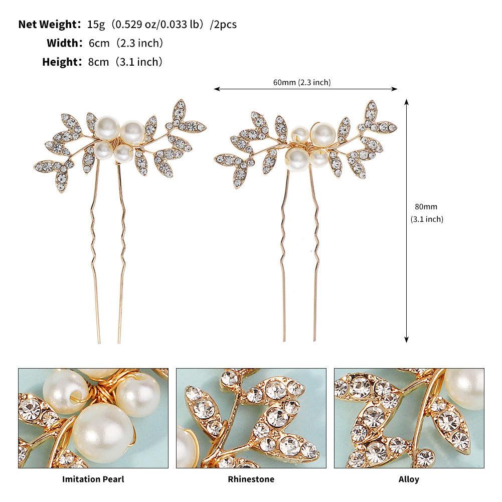 Rhinestone pearl leaf hairpin Bride headdress U-pin hairpin 773672582229 - COCOMELODY