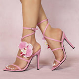 3D Flowers Cross Pointy Stiletto heel Sandals 816638213348 - COCOMELODY