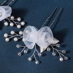 Bridal headwear U-shaped hairpin Beautiful white silk flower pin hand-made crystal pearl hairpin set of 2 755494195341 - COCOMELODY