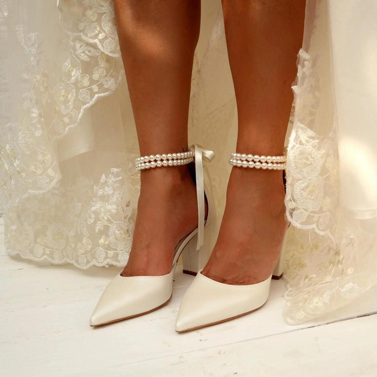 Pearl white Satin Pointy Block Heels 708400120081 - COCOMELODY