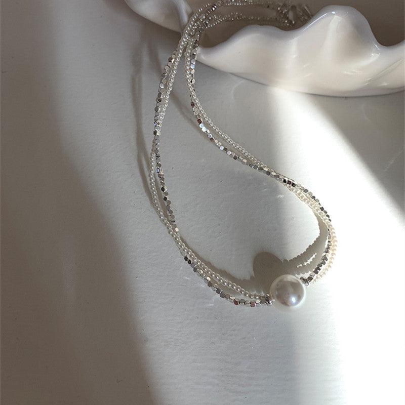 Shredded silver pearl double necklace choker 800772966486 - COCOMELODY