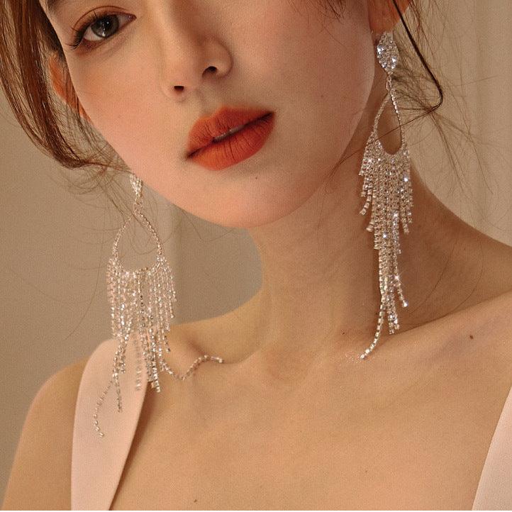 Fancy dress earrings full of drill drops tassel earrings 731767355368 - COCOMELODY