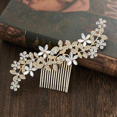 Leaf Hair Comb Alloy Five Petals Flower Rhinestone Accessories 742866021338 - COCOMELODY