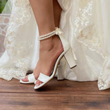 White Pearl Ankle Strap Round Block Heel Sandals 709190758540 - COCOMELODY