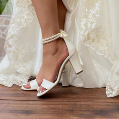 White Pearl Ankle Strap Round Block Heel Sandals 709190758540 - COCOMELODY