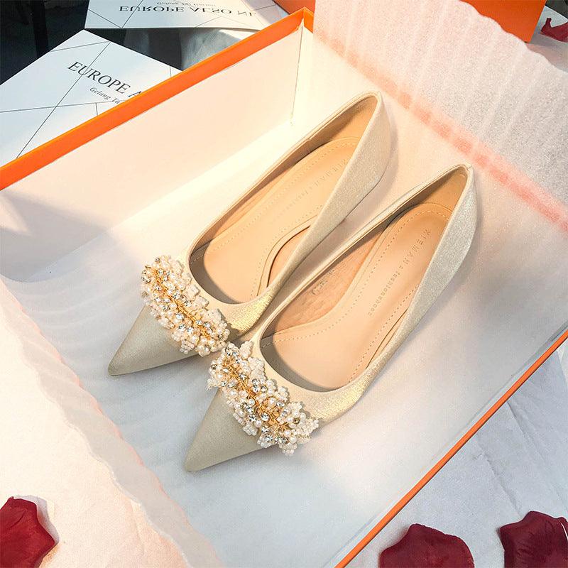 Pearl Satin Pointy Stiletto Heels 683923492274 - COCOMELODY