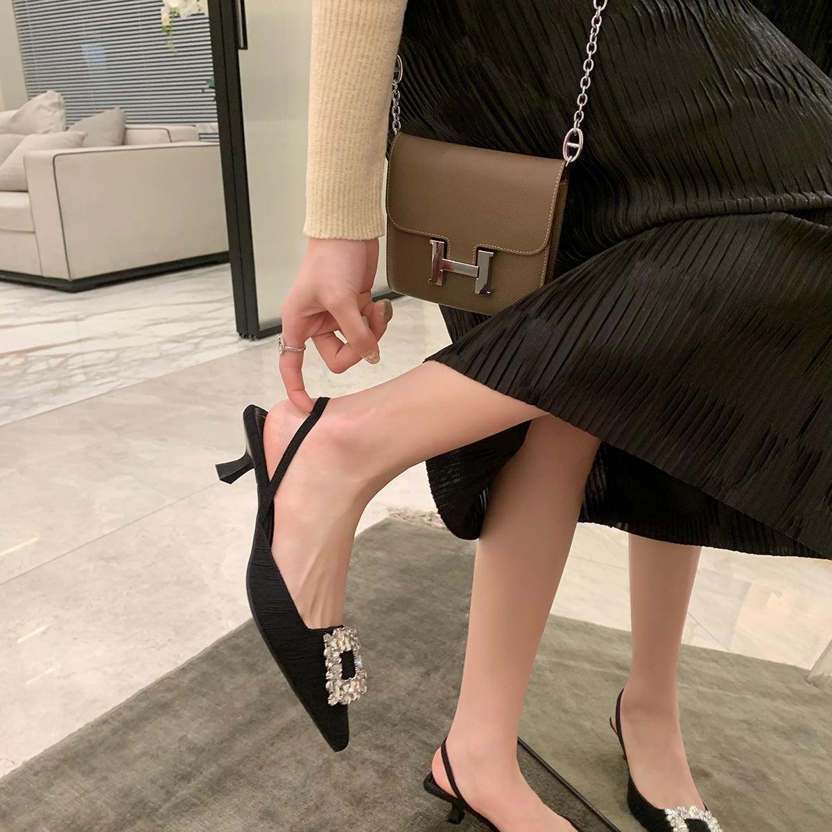Black Rhinestone Ankle Strap Pointy Mid Heel Sandals 670997112279 - COCOMELODY