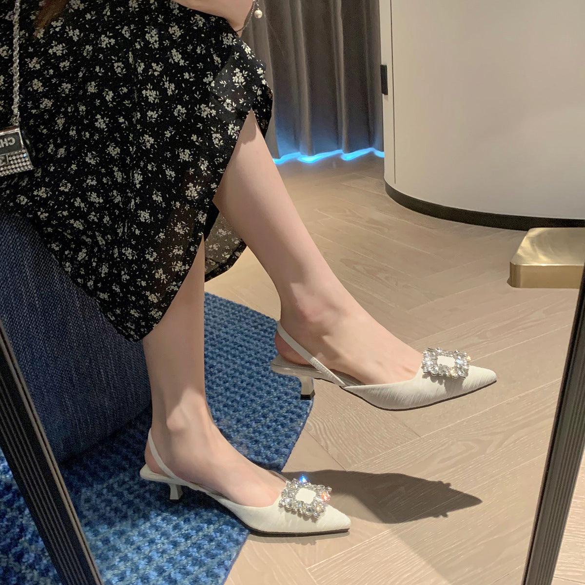 Black Rhinestone Ankle Strap Pointy Mid Heel Sandals 670997112279 - COCOMELODY