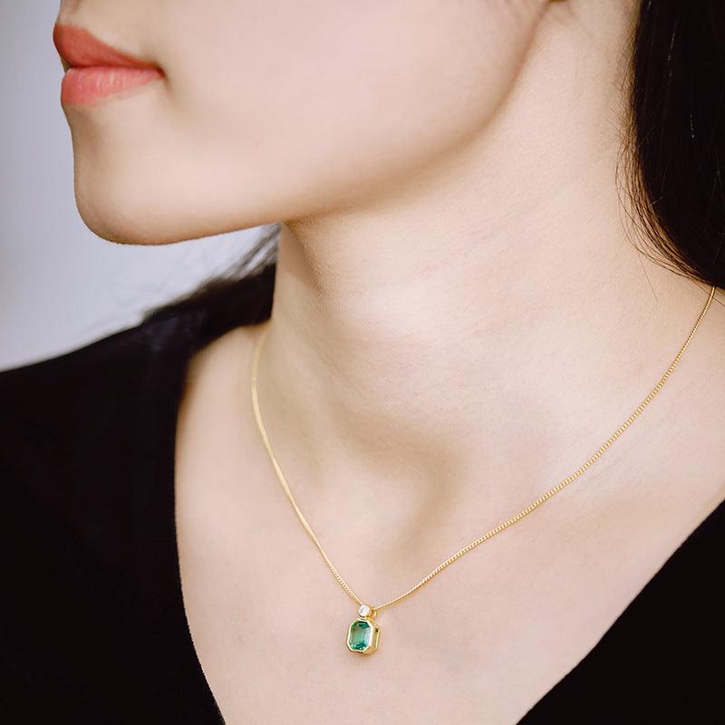 Octagonal Green Jewel Necklace S925 silver gold plated square emerald clavicle chain 680207180457 - COCOMELODY