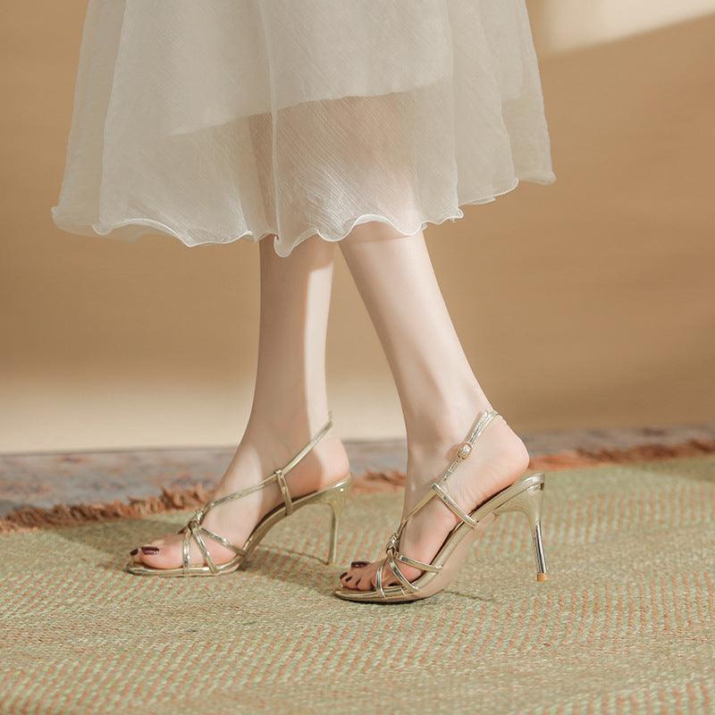 Gold Faux Leather Ankle Strap Round Stiletto heel Sandals 795355491225 - COCOMELODY
