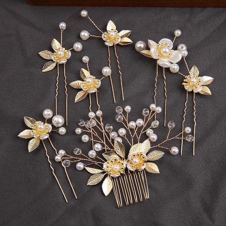 Handcrafted pearl set with Gold leaf hair comb 725487239358 - COCOMELODY