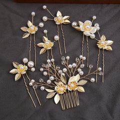 Handcrafted pearl set with Gold leaf hair comb 725487239358 - COCOMELODY