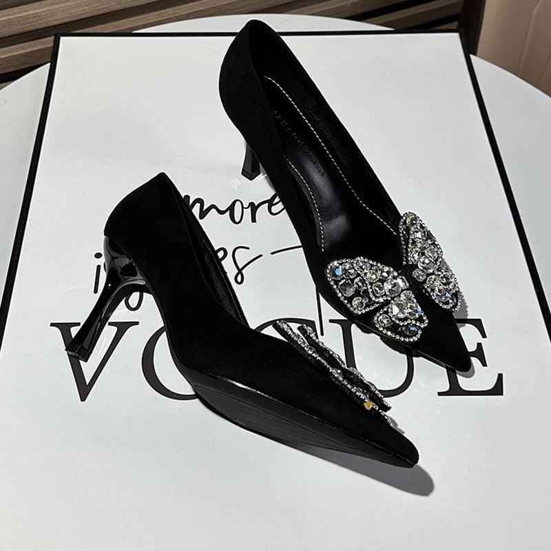 Black Suede Rhinestone Bowknot Pointy Stiletto Heels 770222542136 - COCOMELODY