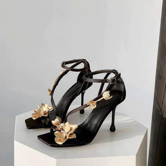 Black Satin 3D Flowers Ankle Strap Square Stiletto heel Sandals 775344564716 - COCOMELODY