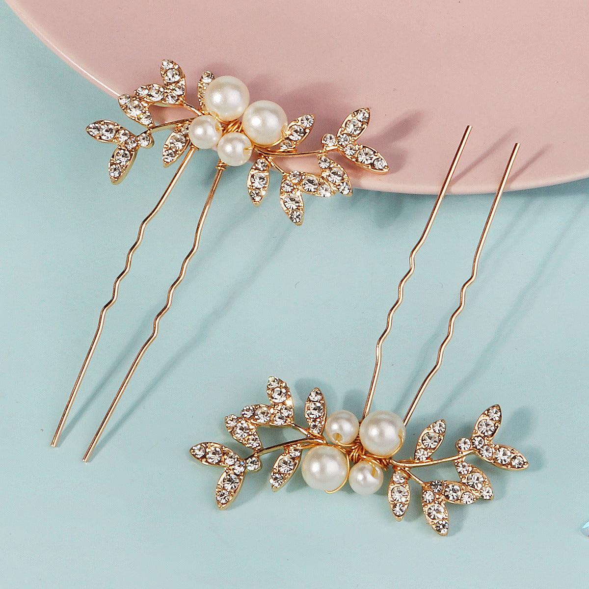 Rhinestone pearl leaf hairpin Bride headdress U-pin hairpin 773672582229 - COCOMELODY