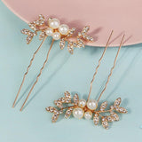 Rhinestone pearl leaf hairpin Bride headdress U-pin hairpin 773672582229 - COCOMELODY
