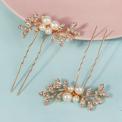 Rhinestone pearl leaf hairpin Bride headdress U-pin hairpin 773672582229 - COCOMELODY