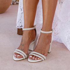 Pearl Faux Leather Ankle Strap Block Heels 728525145929 - COCOMELODY