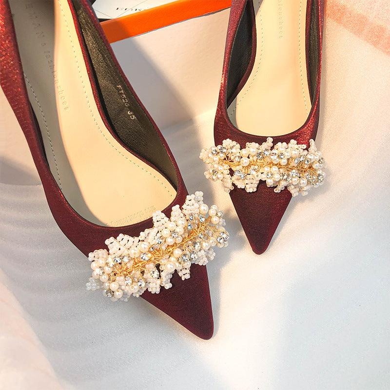 Pearl Satin Pointy Stiletto Heels 683923492274 - COCOMELODY