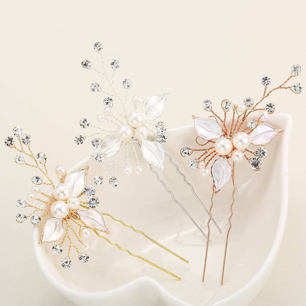 Bridal headwear Leaf hair pin Fashion wedding accessories Handmade pearl U-shaped hairpin set of 3 524682360029 - COCOMELODY