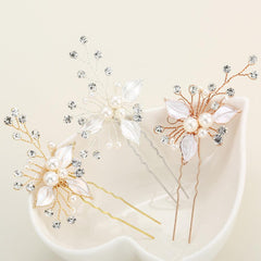 Bridal headwear Leaf hair pin Fashion wedding accessories Handmade pearl U-shaped hairpin set of 3 524682360029 - COCOMELODY