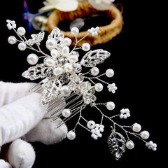 Bridal headdress pearl handmade leaf comb 749571815454 - COCOMELODY