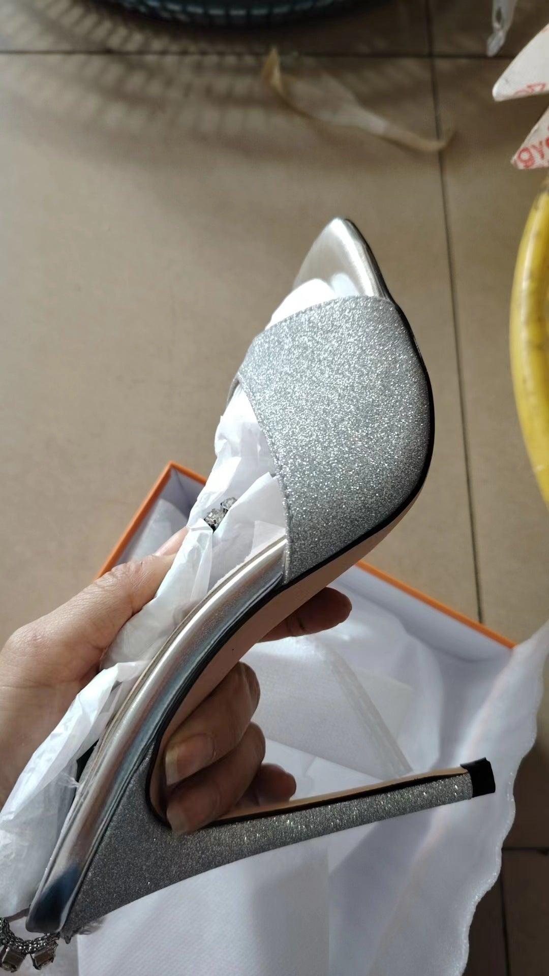Glitter and Rhinestone Ankle Strap Square Stiletto Heels 695399992506 - COCOMELODY