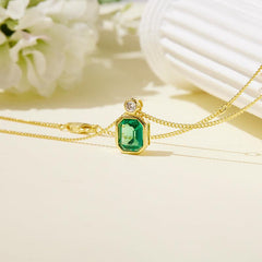 Octagonal Green Jewel Necklace S925 silver gold plated square emerald clavicle chain 680207180457 - COCOMELODY