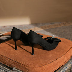 Black Suede Bowknot Pointy Stiletto Heels 746813568399 - COCOMELODY
