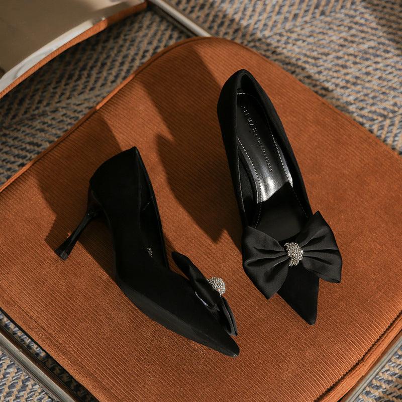 Black Suede Bowknot Pointy Stiletto Heels 746813568399 - COCOMELODY