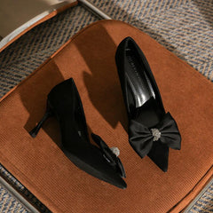 Black Suede Bowknot Pointy Stiletto Heels 746813568399 - COCOMELODY