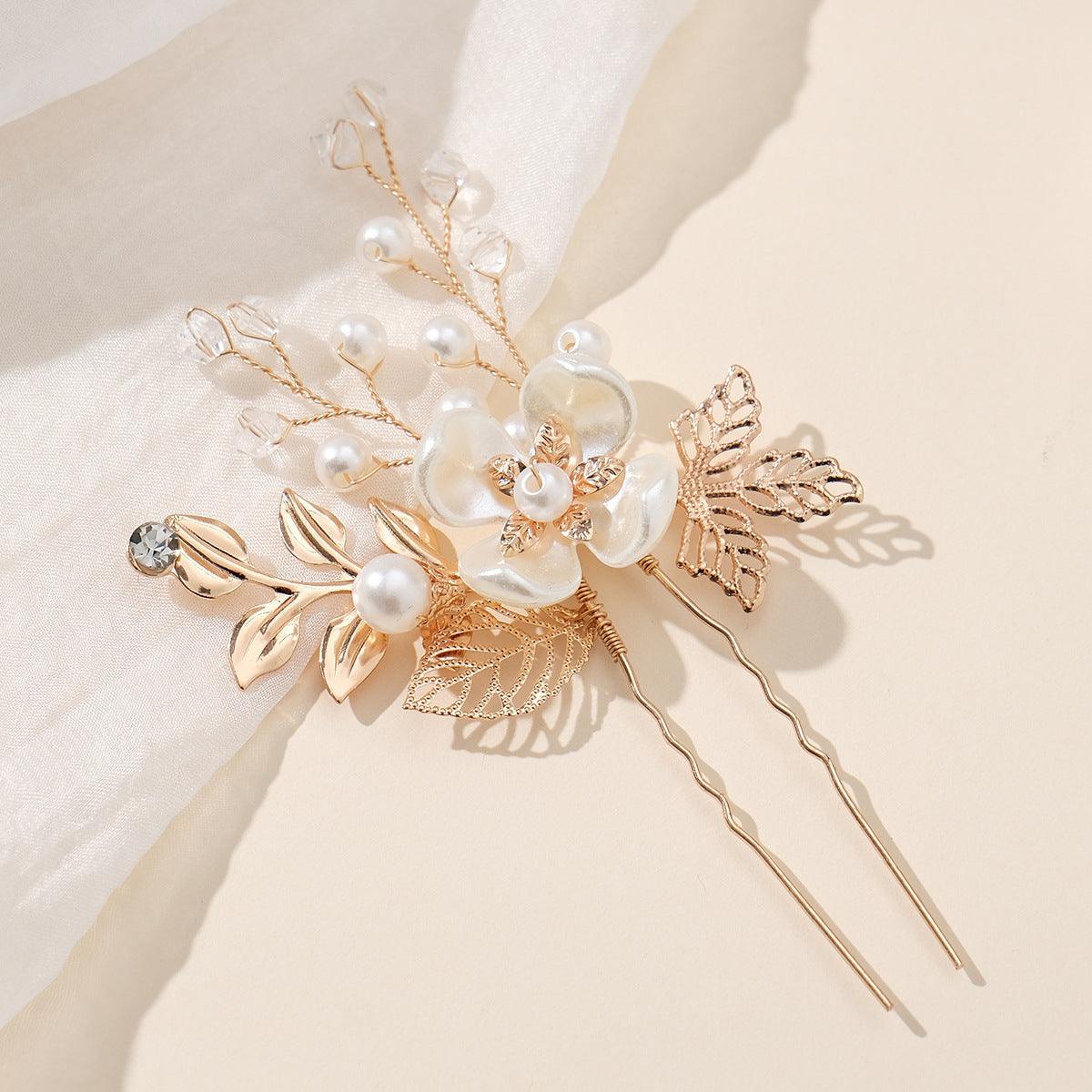 Accessories Hair accessories Handmade hairpin Dinner Party Hairpin Gold leaf Pearl flower pin set of 3 762013156634 - COCOMELODY