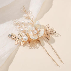 Accessories Hair accessories Handmade hairpin Dinner Party Hairpin Gold leaf Pearl flower pin set of 3 762013156634 - COCOMELODY
