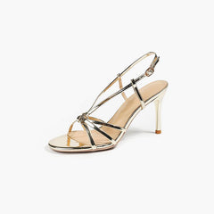 Gold Faux Leather Ankle Strap Round Stiletto heel Sandals 795355491225 - COCOMELODY