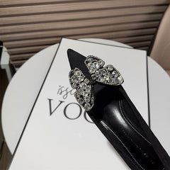 Black Suede Rhinestone Bowknot Pointy Stiletto Heels 770222542136 - COCOMELODY
