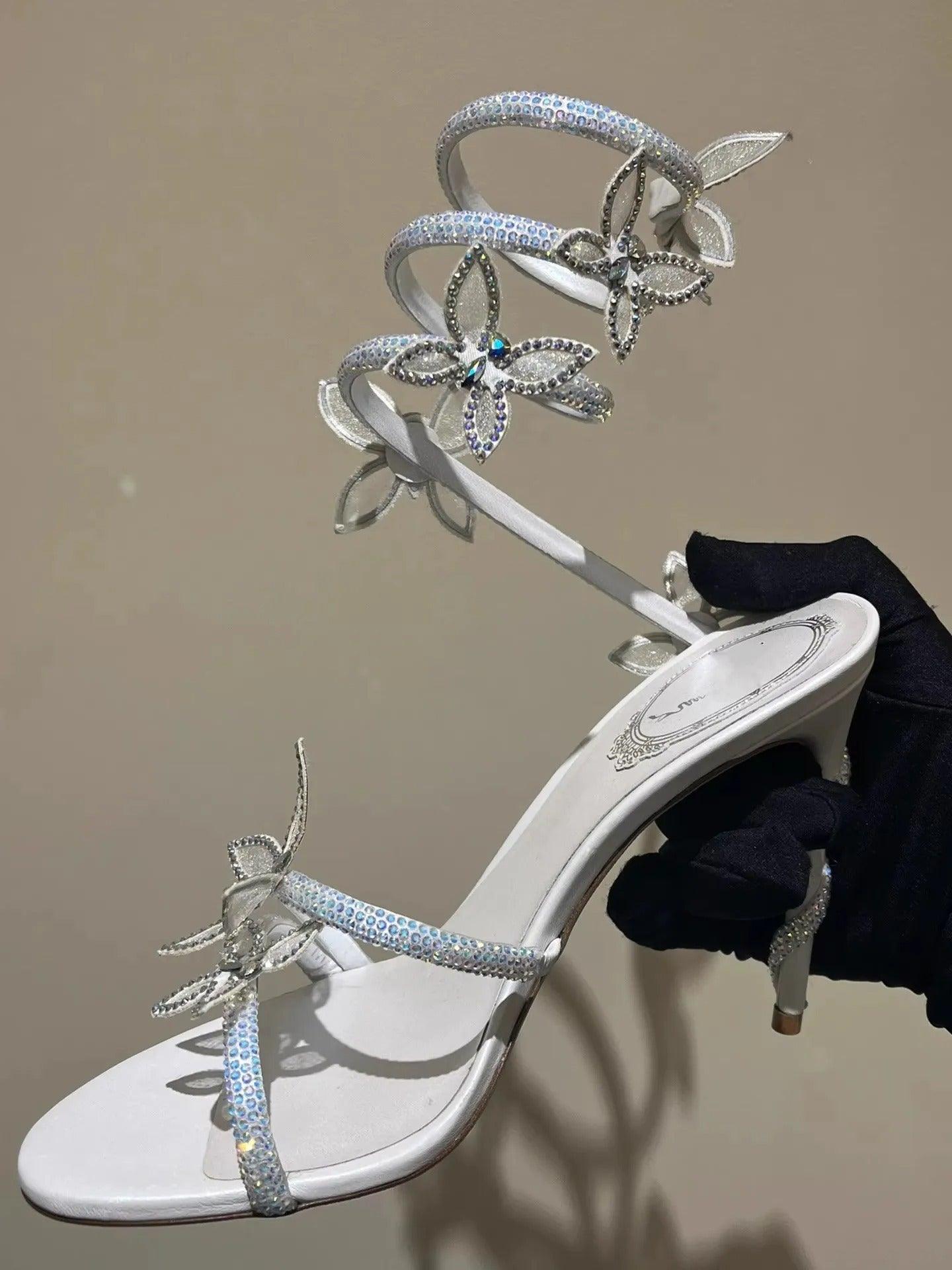 Rhinestone Ankle Strap Round Stiletto Heels 773927533050 - COCOMELODY