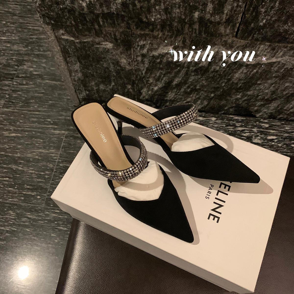 Black Rhinestone Pointy Stiletto heel Sandals 671551594825 - COCOMELODY