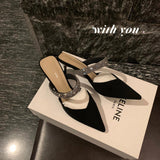 Black Rhinestone Pointy Stiletto heel Sandals 671551594825 - COCOMELODY