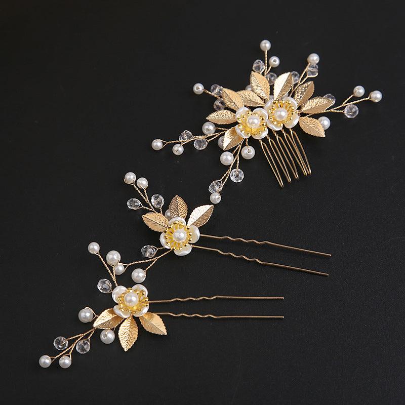 Gold Leaf Hair Comb Handmade Bride Crown Headpiece Flower comb set 690525637756 - COCOMELODY