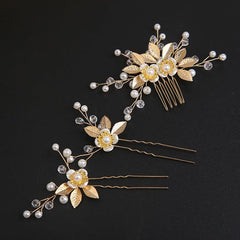 Gold Leaf Hair Comb Handmade Bride Crown Headpiece Flower comb set 690525637756 - COCOMELODY
