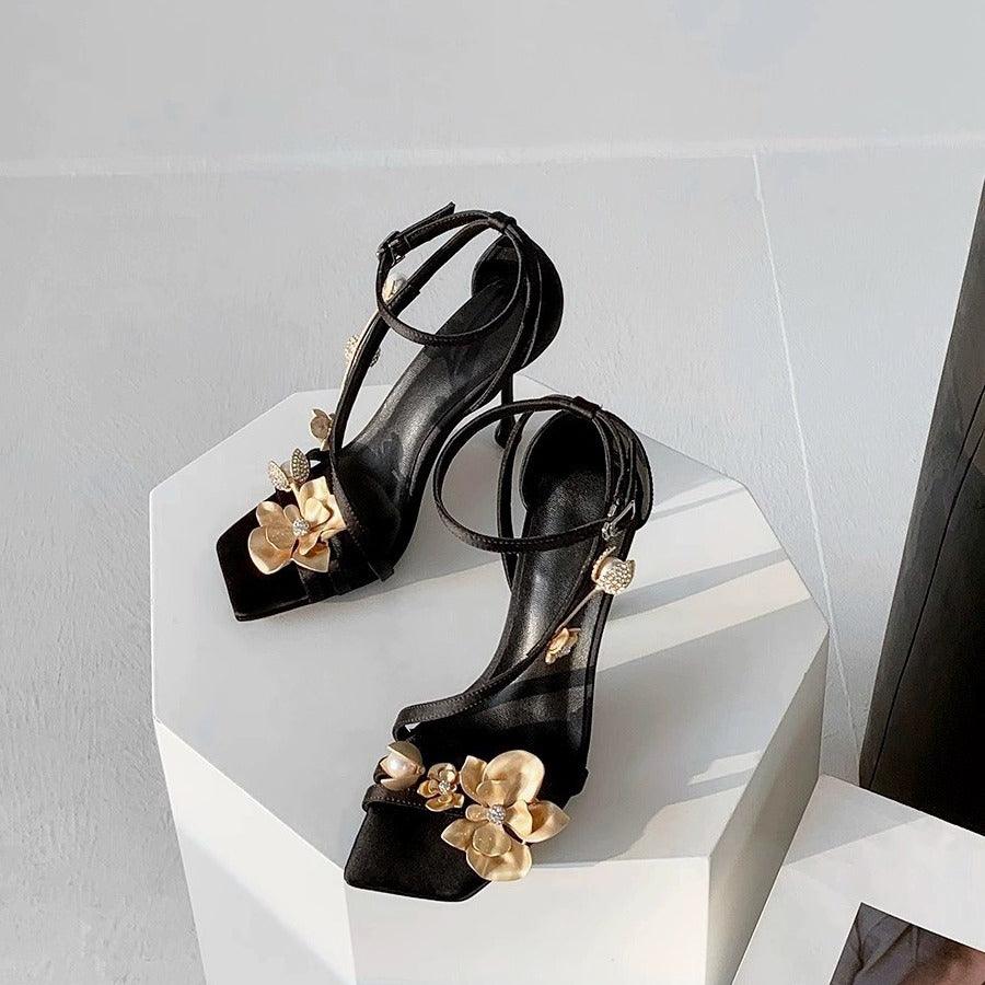 Black Satin 3D Flowers Ankle Strap Square Stiletto heel Sandals 775344564716 - COCOMELODY
