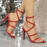 Faux Leather Lace-up Pointy Stiletto heel Sandals 820715737111 - COCOMELODY