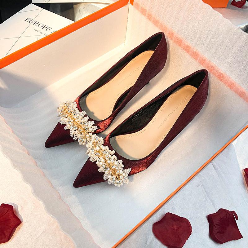 Pearl Satin Pointy Stiletto Heels 683923492274 - COCOMELODY
