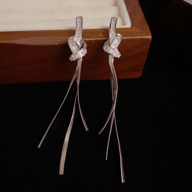 Delicate light luxe zircon knot fringe earrings temperament long earrings 800256901146 - COCOMELODY