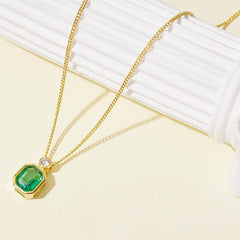 Octagonal Green Jewel Necklace S925 silver gold plated square emerald clavicle chain 680207180457 - COCOMELODY