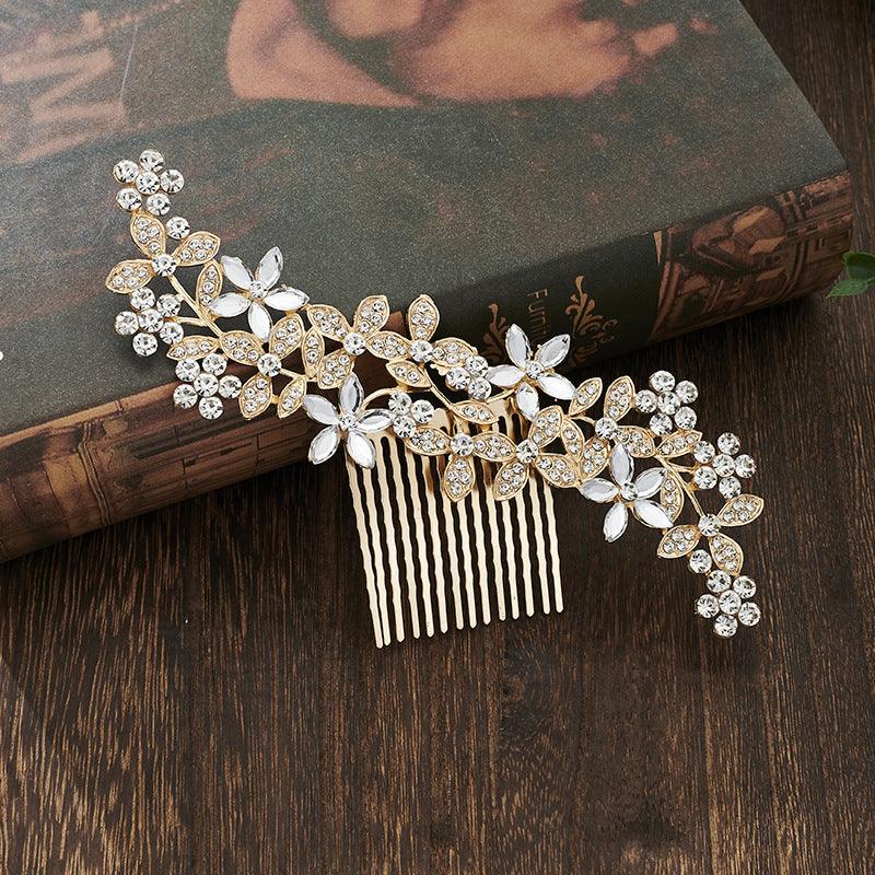 Leaf Hair Comb Alloy Five Petals Flower Rhinestone Accessories 742866021338 - COCOMELODY