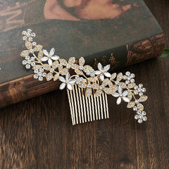 Leaf Hair Comb Alloy Five Petals Flower Rhinestone Accessories 742866021338 - COCOMELODY
